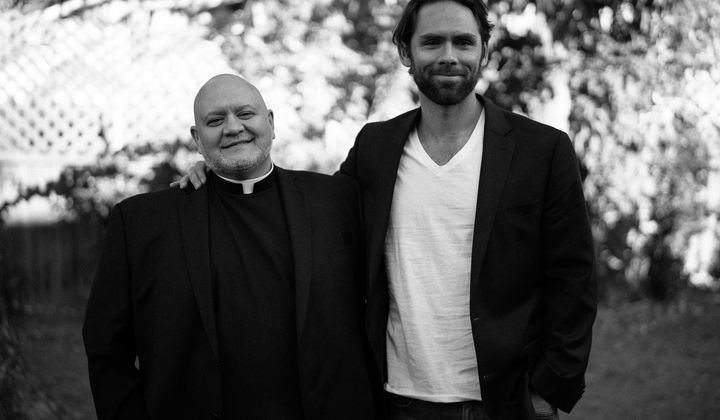 Father Carlos Martins, left, and Ryan Bethea of the docuseries podcast &quot;The Exorcist Files.&quot; Photo taken by Eric Krauss, used with permission.
