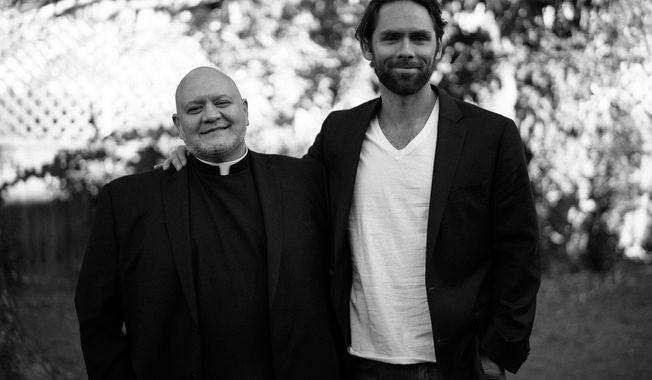 Father Carlos Martins, left, and Ryan Bethea of the docuseries podcast &quot;The Exorcist Files.&quot; Photo taken by Eric Krauss, used with permission.