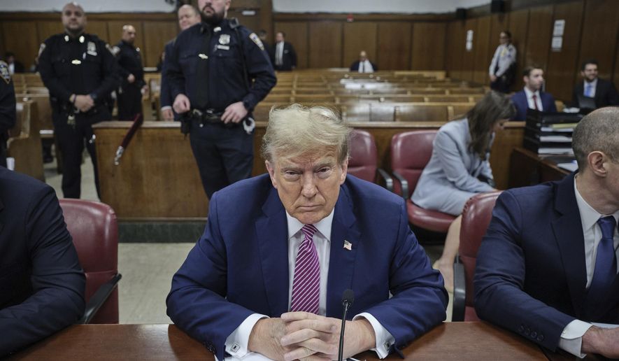 Former President Donald Trump appears for jury selection in his trial at Manhattan criminal court in New York, Friday, April 19, 2024. (Curtis Means/DailyMail.com via AP, Pool)