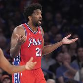 Philadelphia 76ers center Joel Embiid (21) and Kyle Lowry (7) react during the first half in Game 1 of an NBA basketball first-round playoff series against the New York Knicks, Saturday, April 20, 2024, at Madison Square Garden in New York. (AP Photo/Mary Altaffer) **FILE**