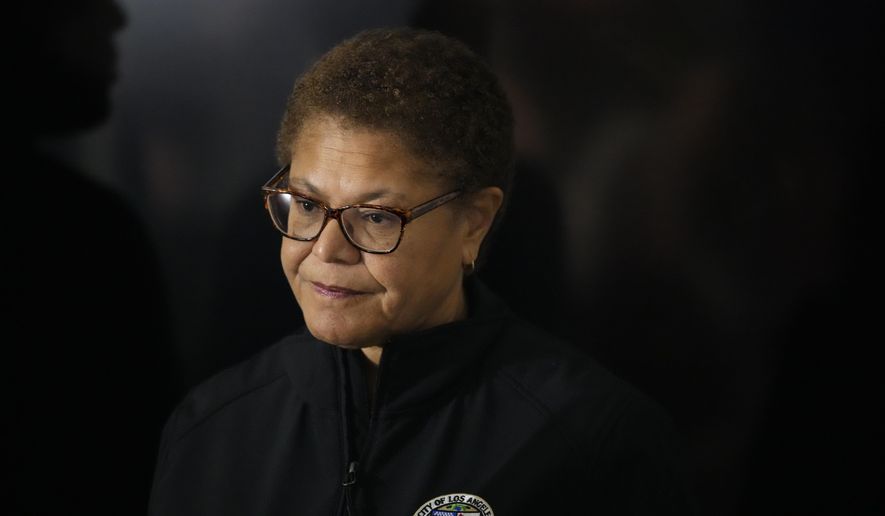 Los Angeles Mayor Karen Bass waits to speak during a news conference in Los Angeles, Jan. 24, 2023. Police in Los Angeles arrested a suspect following a break-in at Bass&#x27; home, early Sunday, April 21, 2024, officials said. (AP Photo/Marcio Jose Sanchez, File)