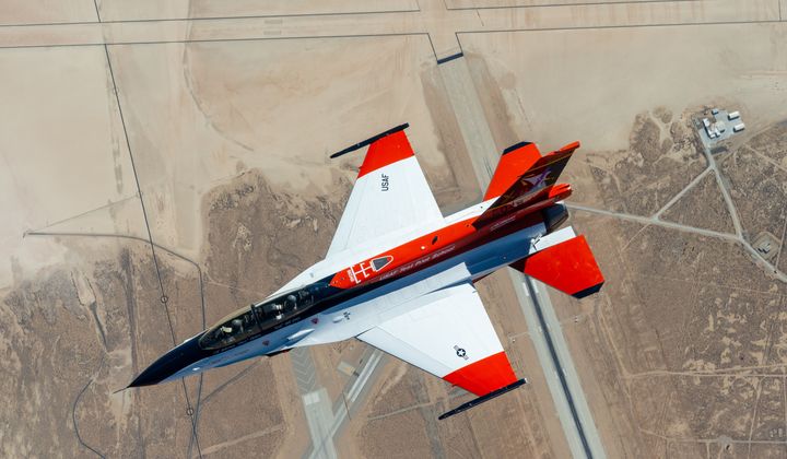 This photo supplied by the Air Force Research Laboratory captures the X-62 VISTA as it flies in the skies over Edwards Air Force Base, California, on Aug. 26, 2022. (Air Force photo by Kyle Brasier)