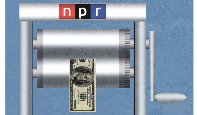 National Public Radio (NPR) government and taxpayer funding illustration by Alexander Hunter/The Washington Times