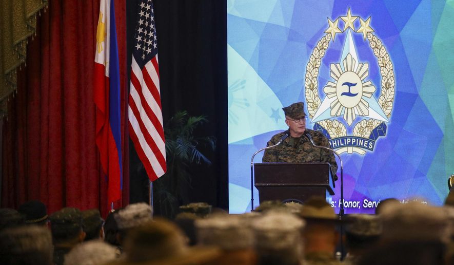 U.S. Marine Corps Lt. Gen. William Jurney, U.S. Exercise Director, speaks during the opening ceremonies of the &quot;Balikatan&quot; or Shoulder-to-Shoulder at Camp Aguinaldo military headquarters in Quezon City, Philippines on Monday, April 22, 2024. (AP Photo/Basilio Sepe)
