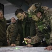 Ukrainian President Volodymyr Zelenskyy, Commander of Ukraine&#x27;s Ground Forces Col.-Gen. Oleksandr Syrski, right, look at a map during their visit to the front line city of Kupiansk, Kharkiv region, Ukraine, on Nov. 30, 2023. Ukraine’s commander in chief, Oleksandr Syrski, said Russia’s top military leadership ordered its soldiers to capture the town of Chasiv Yar by May 9, Russia’s Victory Day, a holiday that marks the defeat of Nazi Germany. (AP Photo/Efrem Lukatsky, File)