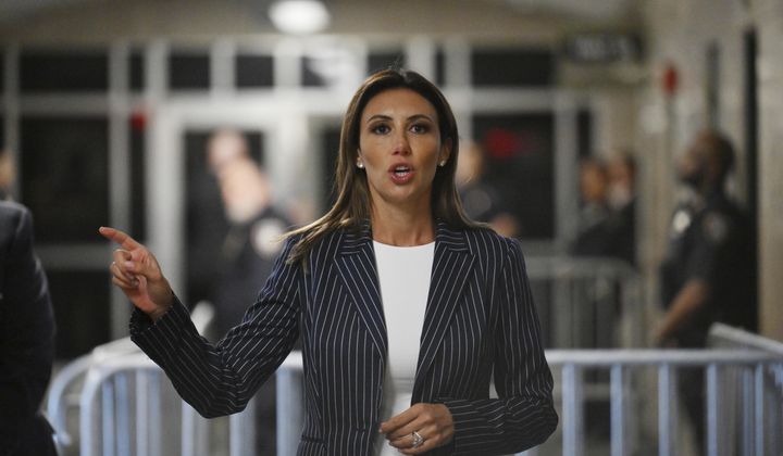 Alina Habba, an attorney for former President Donald Trump, speaks outside at Manhattan criminal court during Trump&#x27;s trial in New York, on Monday, April 22, 2024. (Angela Weiss/Pool Photo via AP)