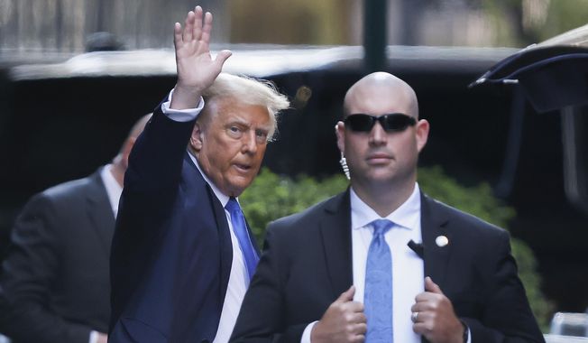 Former president Donald Trump leaves Trump Tower on his way to Manhattan criminal court, Monday, April 22, 2024, in New York. Opening statements in Donald Trump&#x27;s historic hush money trial are set to begin. Trump is accused of falsifying internal business records as part of an alleged scheme to bury stories he thought might hurt his presidential campaign in 2016. (AP Photo/Stefan Jeremiah)