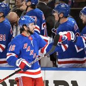 New York Rangers&#x27; Vincent Trocheck (16) celebrates with teammates after scoring a goal during the first period in Game 2 of an NHL hockey Stanley Cup first-round playoff series against the Washington Capitals, Tuesday, April 23, 2024, in New York. (AP Photo/Frank Franklin II)