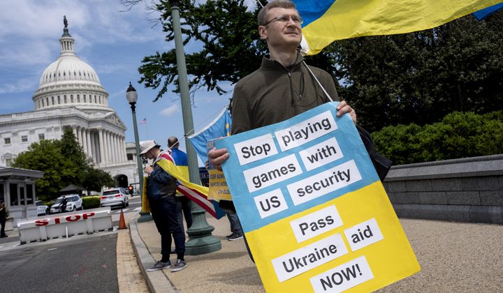 Activists supporting Ukraine demonstrate outside the Capitol in Washington on April 20, 2024. The Senate is returning to Washington to vote on $95 billion in war aid to Ukraine and Israel. They are taking the final steps in Congress to send the legislation to President Joe Biden&#x27;s desk after months of delays and contentious internal debate over how involved the United States should be abroad. (AP Photo/J. Scott Applewhite) **FILE**