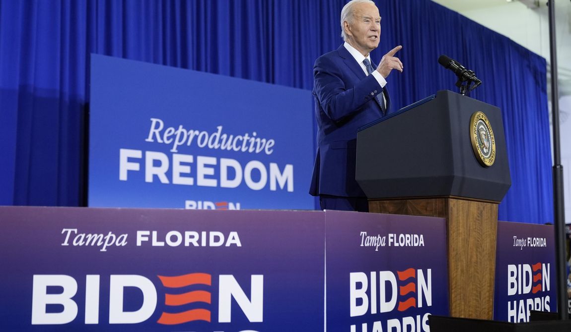 President Joe Biden speaks about reproductive freedom on Tuesday, April 23, 2024, at Hillsborough Community College in Tampa, Fla. Biden is in Florida planning to assail the state&#x27;s upcoming six-week abortion ban and similar restrictions nationwide. (AP Photo/Manuel Balce Ceneta)