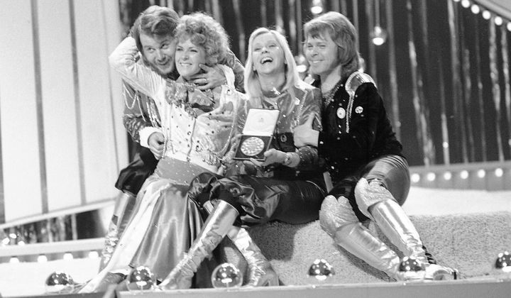 Swedish pop group ABBA celebrate winning the 1974 Eurovision Song Contest on stage at the Brighton Dome in England with their song Waterloo, April 6, 1974. The 68th Eurovision Song Contest is taking place in May in Malmö, Sweden. It will see acts from 37 countries vie for the continent’s pop crown. Founded in 1956, Eurovision is a feelgood extravaganza that strives to banish international strife and division. It’s known for songs that range from anthemic to extremely silly, often with elaborate costumes and spectacular staging. (AP Photo/Robert Dear, File)