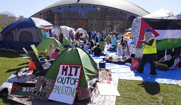 Students protest at an encampment outside the Kresge Auditorium on the campus of the Massachusetts Institute of Technology, Tuesday, April 23, 2024, in Cambridge, Mass. (AP Photo/Charles Krupa)
