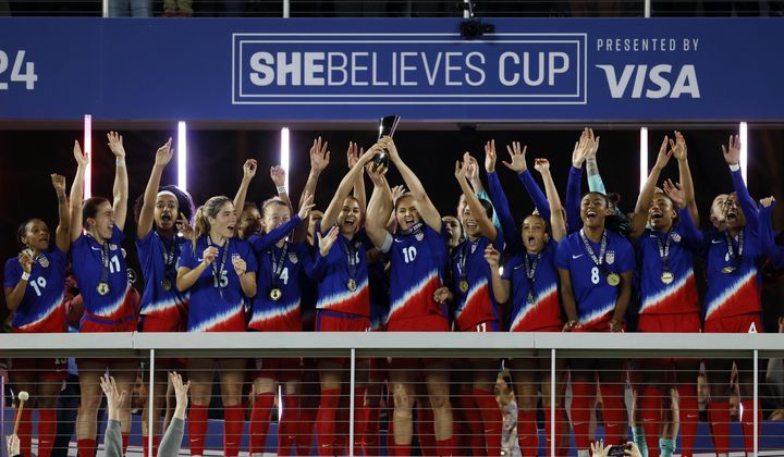 United States players celebrate their win over Canada during the SheBelieves Cup women&#x27;s soccer match Tuesday, April 9, 2024, in Columbus, Ohio. (AP Photo/Jay LaPrete)