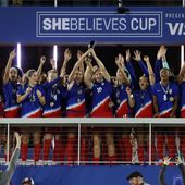 United States players celebrate their win over Canada during the SheBelieves Cup women&#x27;s soccer match Tuesday, April 9, 2024, in Columbus, Ohio. (AP Photo/Jay LaPrete)