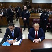 Former US President Donald Trump, right, sitting next to lawyer Todd Blanche, attends his trial for allegedly covering up hush money payments linked to extramarital affairs, at Manhattan Criminal Court in New York City, Tuesday April 23, 2024. Before testimony resumes Tuesday, the judge will hold a hearing on prosecutors&#x27; request to sanction and fine Trump over social media posts they say violate a gag order prohibiting him from attacking key witnesses. (Timothy A. Clary/Pool via AP)
