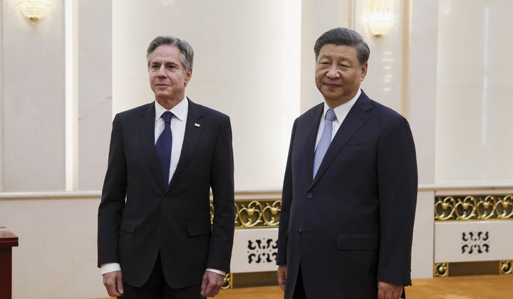 U.S. Secretary of State Antony Blinken, left, meets with Chinese President Xi Jinping in the Great Hall of the People in Beijing, China on June 19, 2023. Blinken is starting three days of talks with senior Chinese officials in Shanghai and Beijing this week. It comes as U.S.-China ties are at a critical point over numerous global disputes. (Leah Millis/Pool Photo via AP) **FILE**