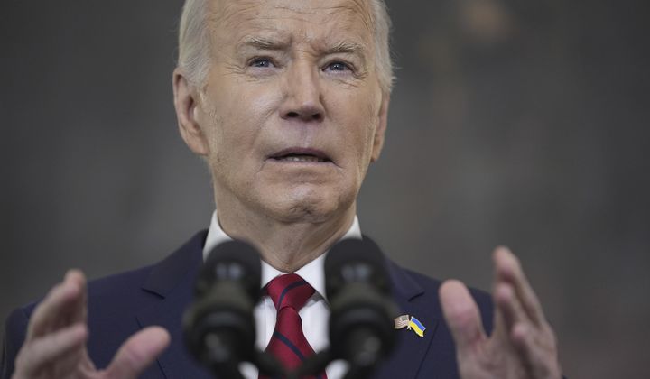 President Joe Biden speaks before signing a $95 billion Ukraine aid package that also includes support for Israel, Taiwan, and other allies, in the State Dining Room of the White House, Wednesday, April 24, 2024, in Washington. (AP Photo/Evan Vucci) **FILE**