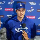 Los Angeles Dodgers&#x27; Shohei Ohtani speaks with reporters before a baseball game against the Washington Nationals at Nationals Park, Wednesday, April 24, 2024, in Washington.(AP Photo/Alex Brandon)