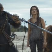 This image released by 20th Century Studios shows Noa, played by Owen Teague, from left, Freya Allan as Nova, and Raka, played by Peter Macon, in a scene from &quot;Kingdom of the Planet of the Apes.&quot; (20th Century Studios via AP)