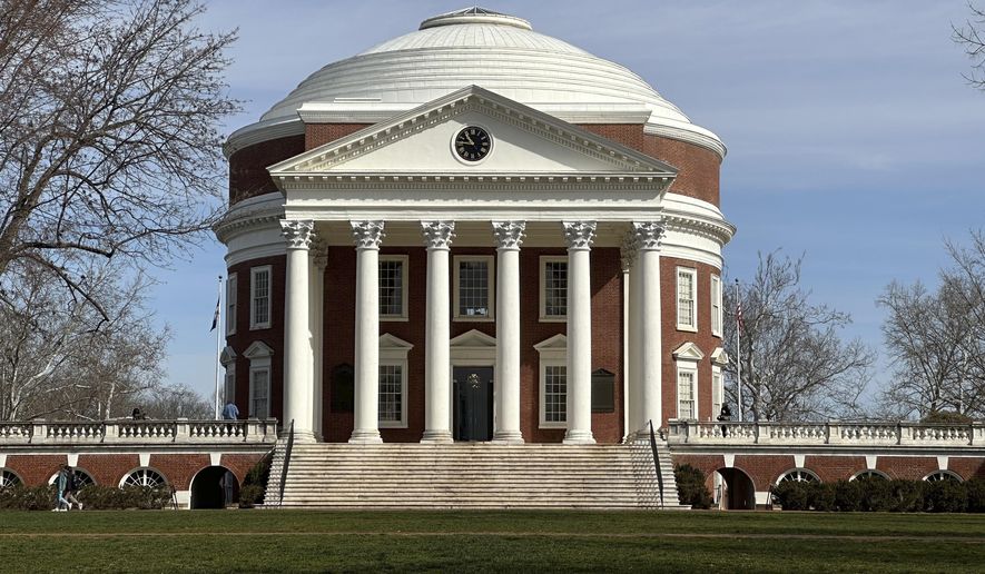 The Rotunda is shown at the University of Virginia on March 1, 2024 in Charlottesville, Va. The University of Virginia says concerns about hazing have prompted the school to terminate one local fraternity and suspend three others on its Charlottesville campus. The school said Wednesday, April 24, 2024 that the Pi Kappa Alpha chapter “engaged in serious hazing behavior.” (AP Photo/Peter Morgan)