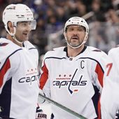 Washington Capitals&#x27; Alex Ovechkin, center, talks to T.J. Oshie, right, and Max Pacioretty during the third period in Game 2 of the team&#x27;s NHL hockey Stanley Cup first-round playoff series against the New York Rangers, Tuesday, April 23, 2024, in New York. (AP Photo/Frank Franklin II) **FiLE**