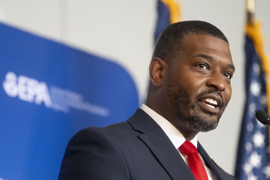 Environmental Protection Agency Administrator Michael Regan announces final standards to reduce pollution from power plants during an event at Howard University on Thursday, April 25, 2024, in Washington. (AP Photo/Kevin Wolf) ** FILE **