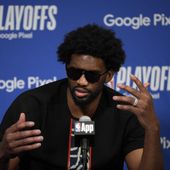 Philadelphia 76ers&#x27; Joel Embiid speaks during a news conference after Game 3 in an NBA basketball first-round playoff series against the New York Knicks, Thursday, April 25, 2024, in Philadelphia. (AP Photo/Matt Slocum)