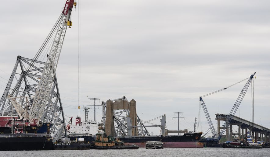 A bulk carrier moves through a newly opened deep-water channel in Baltimore after being stuck in the harbor since the Francis Scott Key Bridge collapsed four weeks ago, Thursday, April 25, 2024. (AP Photo/Matt Rourke)