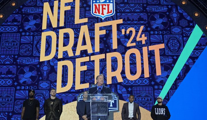 NFL commissioner Roger Goodell speaks during the first round of the NFL football draft, Thursday, April 25, 2024, in Detroit. (AP Photo/Paul Sancya)