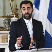 Scotland&#x27;s First Minister Humza Yousaf speaks during a press conference at Bute House, Edinburgh, Thursday, April 25, 2024. Scotland’s leader is facing a potential battle for survival after ending a three-year power-sharing agreement with the Scottish Green Party following a clash over climate change policies. First Minister Humza Yousaf of the Scottish National Party informed the leaders of the much smaller Greens on Thursday that he was terminating the power-sharing agreement. (Jeff J Mitchell/PA via AP)