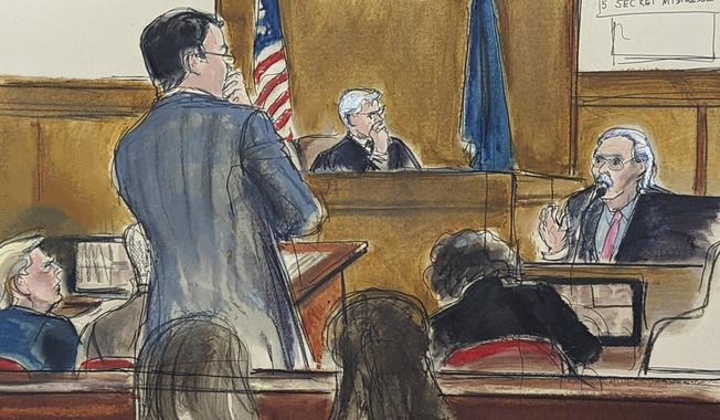 Former President Donald Trump, left, watches as David Pecker answers questions on the witness stand, far right, from assistant district attorney Joshua Steingless, in Manhattan criminal court, April 23, 2024, in New York. Testimony by the former National Enquirer publisher at Donald Trump&#x27;s hush money trial this week has revealed an astonishing level of corruption at America&#x27;s best-known tabloid and may one day be seen as the moment it effectively died. On Thursday, April 25, 2024 Pecker was back on the witness stand to tell more about the arrangement he made to boost Trump&#x27;s presidential candidacy in 2016, tear down his rivals and silence any revelations that may have damaged him. (Elizabeth Williams via AP)