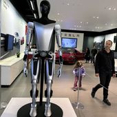 A non-working marketing model of Tesla Inc.&#x27;s proposed Optimus humanoid robot, aka Tesla Bot, is on display at the Westfield Garden State Plaza in Paramus, New Jersey, on Thursday, November 2, 2023. (AP Photo/Ted Shaffrey)