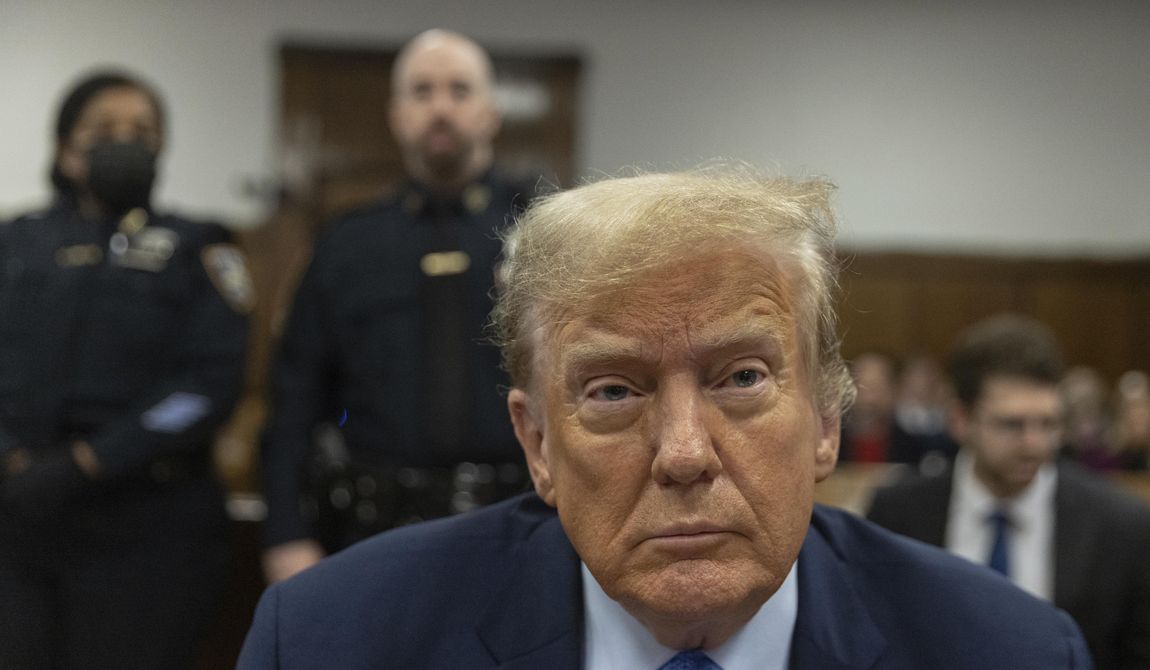 Former President Donald Trump appears at Manhattan criminal court before his trial in New York, Friday, April 26, 2024. (Jeenah Moon/Pool Photo via AP)