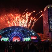 Fireworks explode at the end of the second night of the NFL football draft, Friday, April 26, 2024, in Detroit. (AP Photo/Paul Sancya)