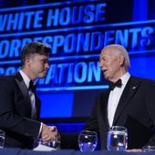 President Joe Biden, right, introduces host Colin Jost at the White House Correspondents&#x27; Association Dinner at the Washington Hilton, Saturday, April 27, 2024, in Washington. (AP Photo/Manuel Balce Ceneta)