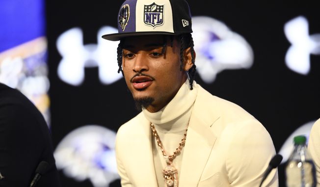 Baltimore Ravens first-round draft pick Nate Wiggins speaks during an NFL football news conference, Friday, April 26, 2024, in Owings Mills, Md. (AP Photo/Nick Wass)