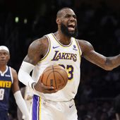 Los Angeles Lakers forward LeBron James, right, questions an out of bounds call as Denver Nuggets forward Peyton Watson looks on during the first half in Game 4 of an NBA basketball first-round playoff series Saturday, April 27, 2024, in Los Angeles. (AP Photo/Mark J. Terrill)