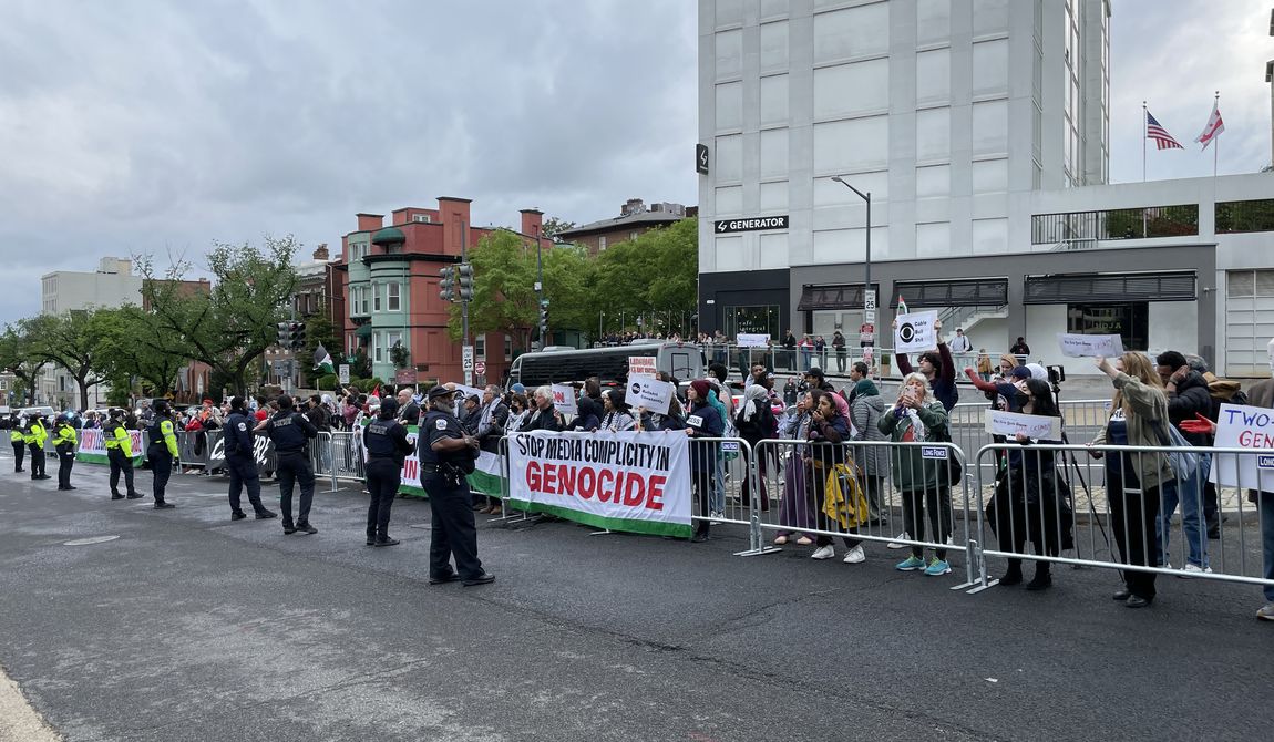 Several hundred pro-Palestinian protesters, descended on a Washington hotel Saturday where President Biden was speaking to the annual White House Correspondents dinner. Photo credit: Kayla Wood / The Washington Times.