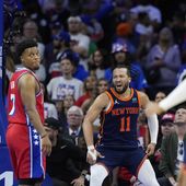 New York Knicks&#x27; Jalen Brunson (11) reacts after a basket during the second half of Game 4 in an NBA basketball first-round playoff series against the Philadelphia 76ers, Sunday, April 28, 2024, in Philadelphia. (AP Photo/Matt Slocum)