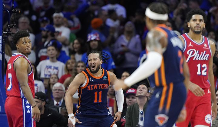New York Knicks&#x27; Jalen Brunson (11) reacts after a basket during the second half of Game 4 in an NBA basketball first-round playoff series against the Philadelphia 76ers, Sunday, April 28, 2024, in Philadelphia. (AP Photo/Matt Slocum)
