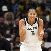 Las Vegas Aces forward Candace Parker reacts during the first half of a WNBA basketball game against the Seattle Storm, May 20, 2023, in Seattle. The three-time WNBA champion has announced she&#x27;s retiring. Parker, a two-time league MVP, announced in a social media post on Sunday, April 28, 2024 that she&#x27;s ending her career after 16 seasons. (AP Photo/Lindsey Wasson, File) **FILE**