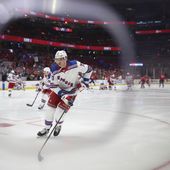 New York Rangers center Matt Rempe warms up in Game 4 of an NHL hockey Stanley Cup first-round playoff series against the Washington Capitals, Sunday, April 28, 2024, in Washington. (AP Photo/Tom Brenner)