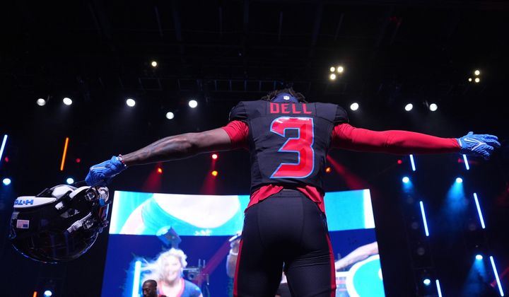 Houston Texans wide receiver Tank Dell wears a new uniform during an NFL football uniform release party Tuesday, April 23, 2024, in Houston. (AP Photo/David J. Phillip) ** FILE **