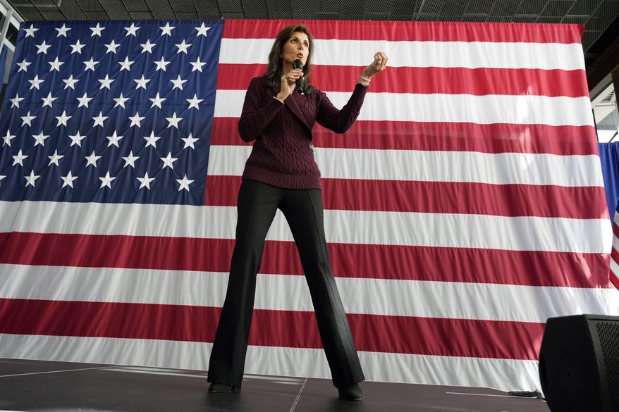 Republican presidential candidate former U.N. Ambassador Nikki Haley speaks at a Republican campaign event in Raleigh, N.C., Saturday, March 2, 2024. (AP Photo/Chuck Burton)