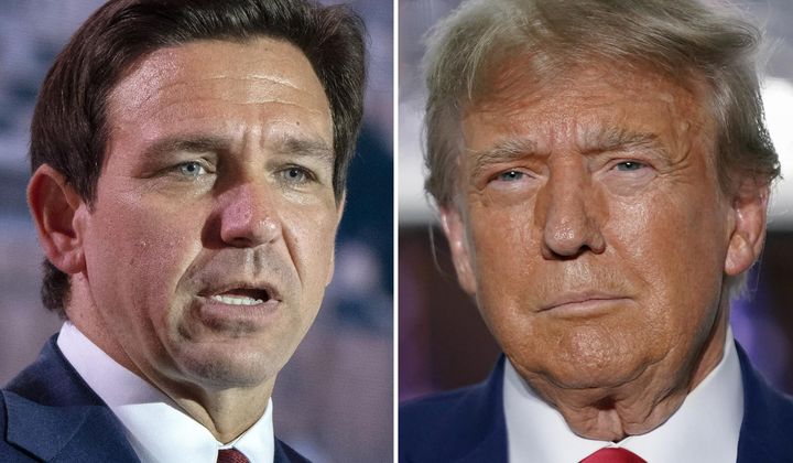 This combination of photos shows Florida Gov. Ron DeSantis speaking on July 17, 2023, in Arlington, Va., left, and former President Donald Trump speaking in Bedminster, N.J., June 13, 2023. Trump met privately with DeSantis over the weekend, according to two people familiar with the discussion, marking a detente between the former rivals after a brutal primary contest marked by insults and bruised egos. (AP Photo, File)