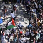 Students gather on the UCLA campus to protest the Israel-Hamas war, Monday, April 29, 2024, in Los Angeles. (AP Photo/Damian Dovarganes)