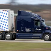 A self-driving tractor trailer maneuvers around a test track in Pittsburgh, Thursday, March 14, 2024. The truck is owned by Pittsburgh-based Aurora Innovation Inc. Late this year, Aurora plans to start hauling freight on Interstate 45 between the Dallas and Houston areas with 20 driverless trucks. (AP Photo/Gene J. Puskar)