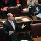 Sen. Timothy Kennedy, D-Buffalo, left, speaks in the Senate Chamber of the state Capitol, Feb. 6, 2017, in Albany, N.Y. In a special election Tuesday, April 30, voters in upstate New York&#x27;s 26th Congressional District will choose between Kennedy, a Democrat, and Gary Dickson, the first Republican elected as a town supervisor in the Buffalo suburb of West Seneca in 50 years. (AP Photo/Hans Pennink, File)