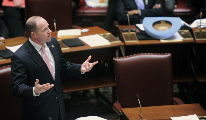 Sen. Timothy Kennedy, D-Buffalo, left, speaks in the Senate Chamber of the state Capitol, Feb. 6, 2017, in Albany, N.Y. In a special election Tuesday, April 30, voters in upstate New York&#x27;s 26th Congressional District will choose between Kennedy, a Democrat, and Gary Dickson, the first Republican elected as a town supervisor in the Buffalo suburb of West Seneca in 50 years. (AP Photo/Hans Pennink, File)