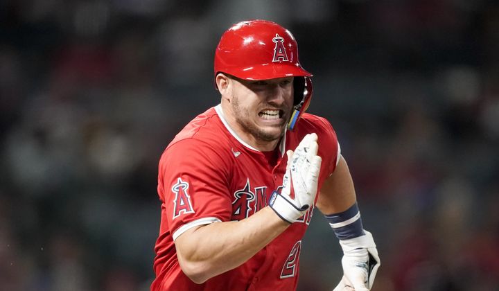Los Angeles Angels&#x27; Mike Trout runs after a single during the seventh inning of a baseball game against the Philadelphia Phillies, Monday, April 29, 2024, in Anaheim, Calif. (AP Photo/Ryan Sun) **FILE**